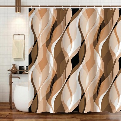Brown Striped Shower Curtain Waterproof Fabric Wavy Line 72x72 Inch 12 Hooks