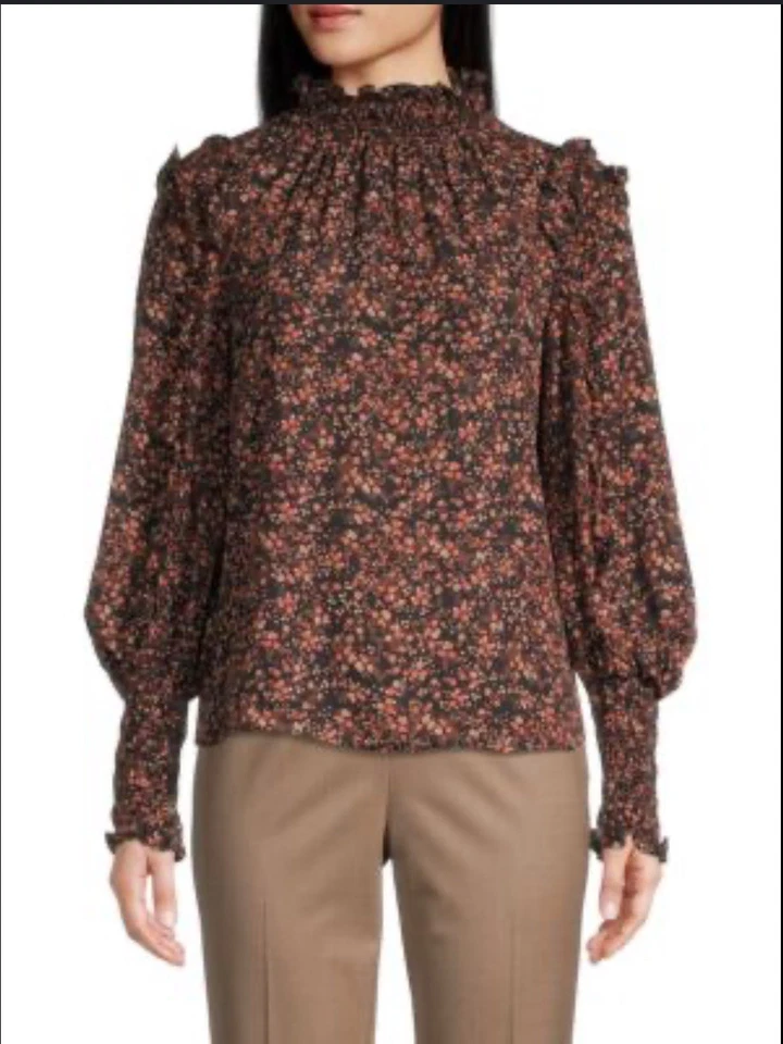 Blusa feminina Max Studio tamanho XL babados estampa ditzy outono punhos de pescoço manchado - Imagem 2 de 4