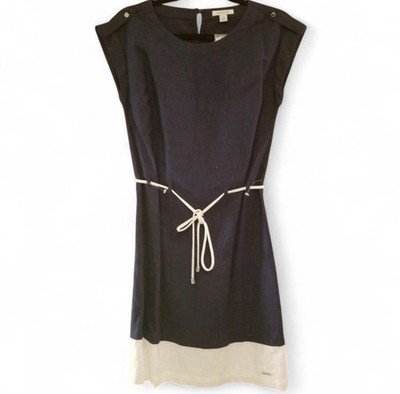 NWT Nautica XS Linen Sheath Dress Navy Beige Colorblock Tie Belt Knee Length