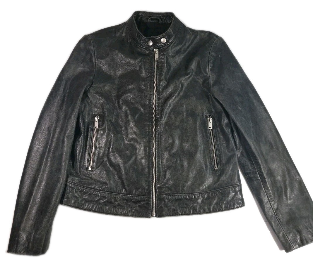 MNG Mango Womens Leather Jacket Distressed Grey Cafe Style Racer Jacket Sz M