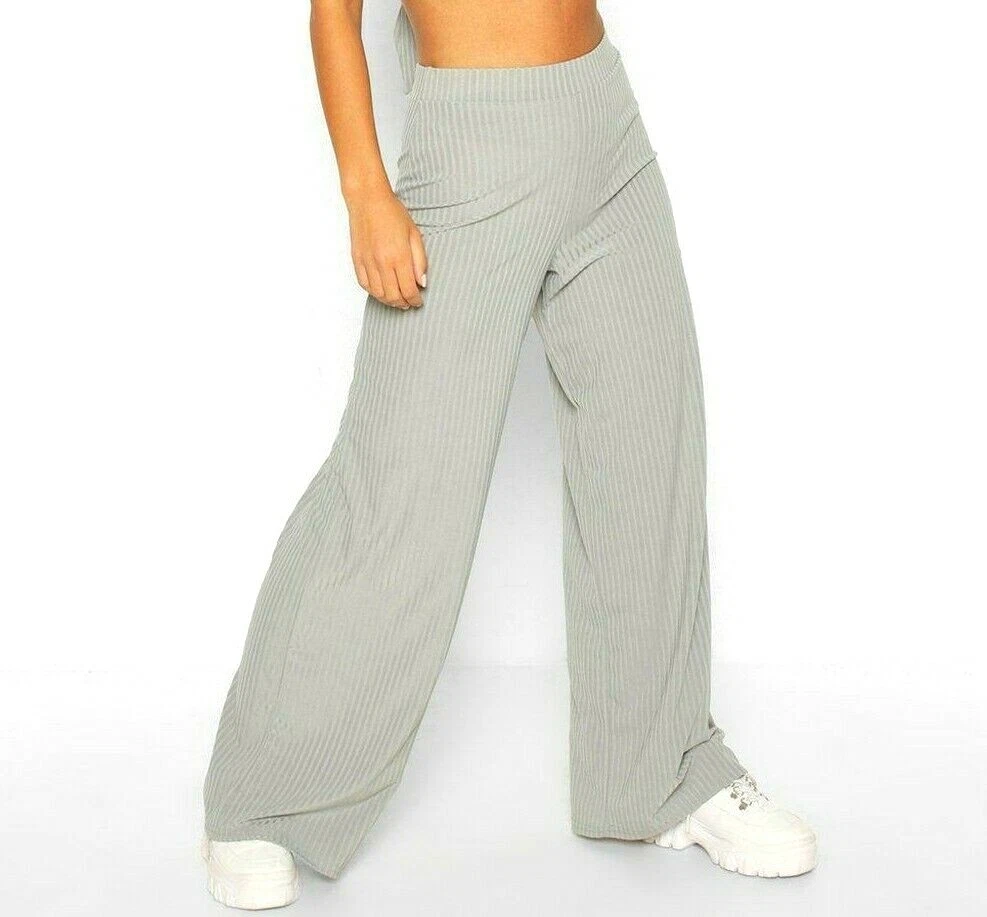 New PETITE Women HIGH Waist RIBBED Elasticated WIDE LEG Stretch LADIES  Trousers