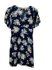 Ann Taylor Loft Size 4 Navy Blue with Pink Rose Floral Print Dress Short Sleeves