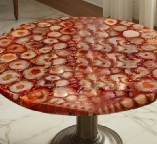 Mesa de piedra de ágata roja de lujo - losa de cristal genuino - muebles de acento único Foto 3 de 4