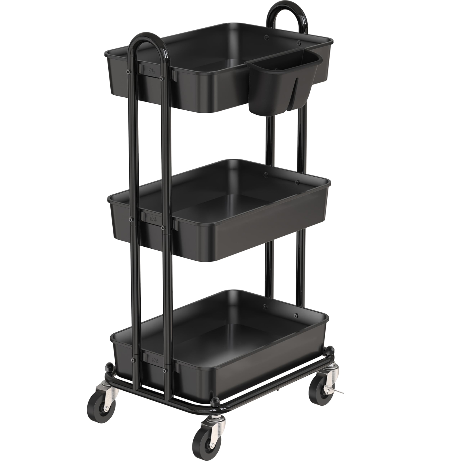3-Tier Multifunctional Rolling Utility Cart with Hanging Bucket, Black