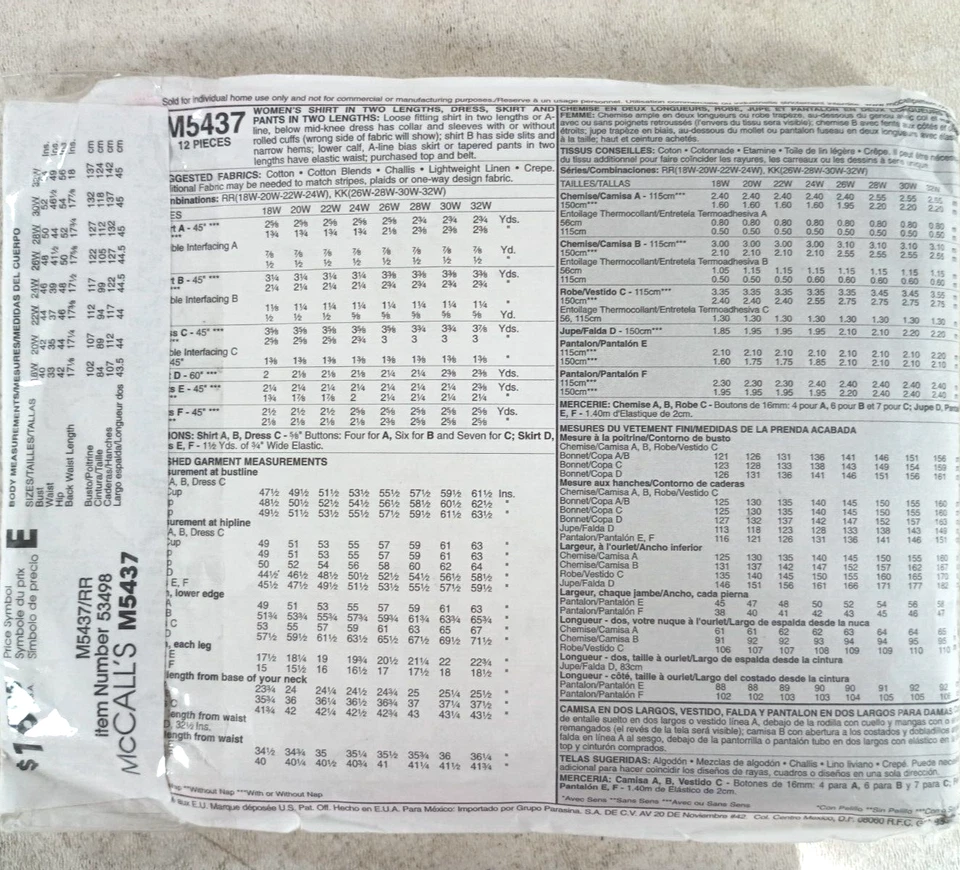 McCall's M5437 Sewing Pattern Women's Shirt Dress Skirt Size 18W-24W - Image 2 of 3