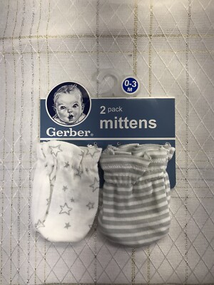 Gerber 2 Pack Mittens No Scratch Mittens Infant Unisex Stars Stripes Gray 0-3 Mo