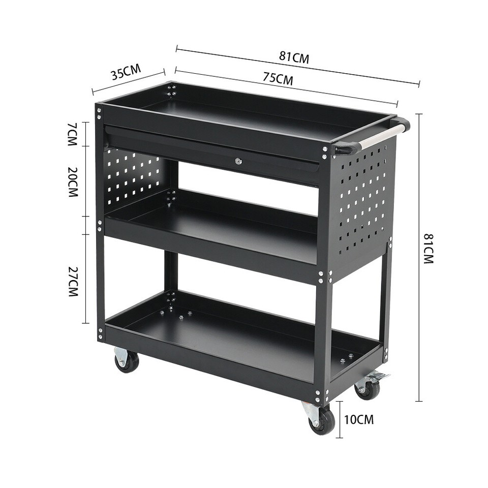 Heavy Duty Garage Tool Storage Trolley 3 Tier Tray Wheel Cart