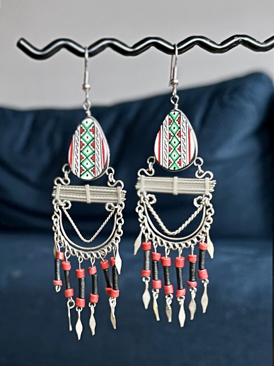 Handmade Silver Aztec Dangle Earrings - image 1