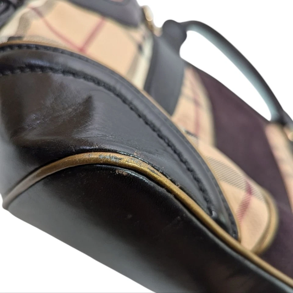 Auténtico bolso de mano Burberry a cuadros de cuero gamuza negro marrón a cuadros Foto 3 de 4