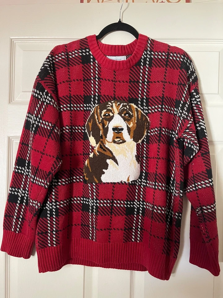 Urban Outfitters Plaid Christmas Sweater Beagle Dog Holiday Tartan Size Small - Image 2 of 4