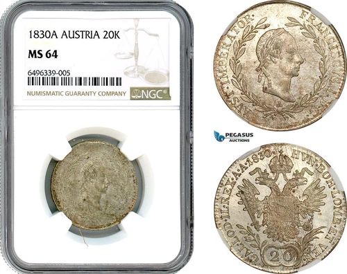 AH509, Austria, Franz II, 20 Kreuzer 1830 A, Vienna Mint, Silver, NGC MS64, Top