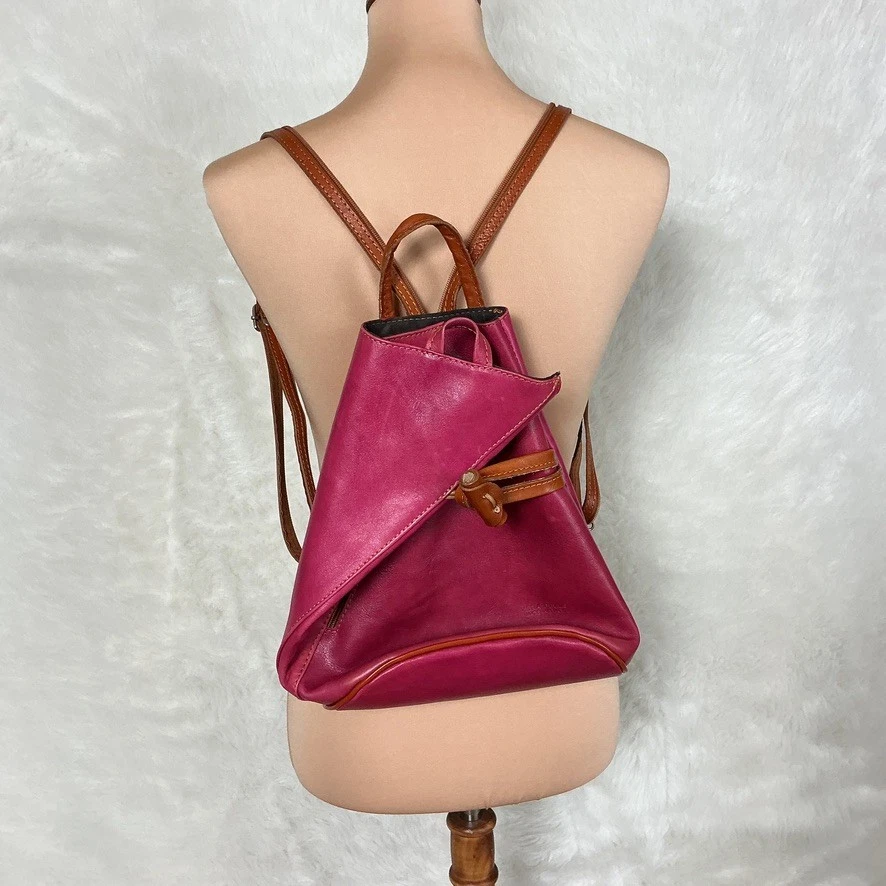 Vera Pelle Pink & Brown Leather Convertible Sling Backpack Vera Pelle Backpack - Etsy Canada main image 2