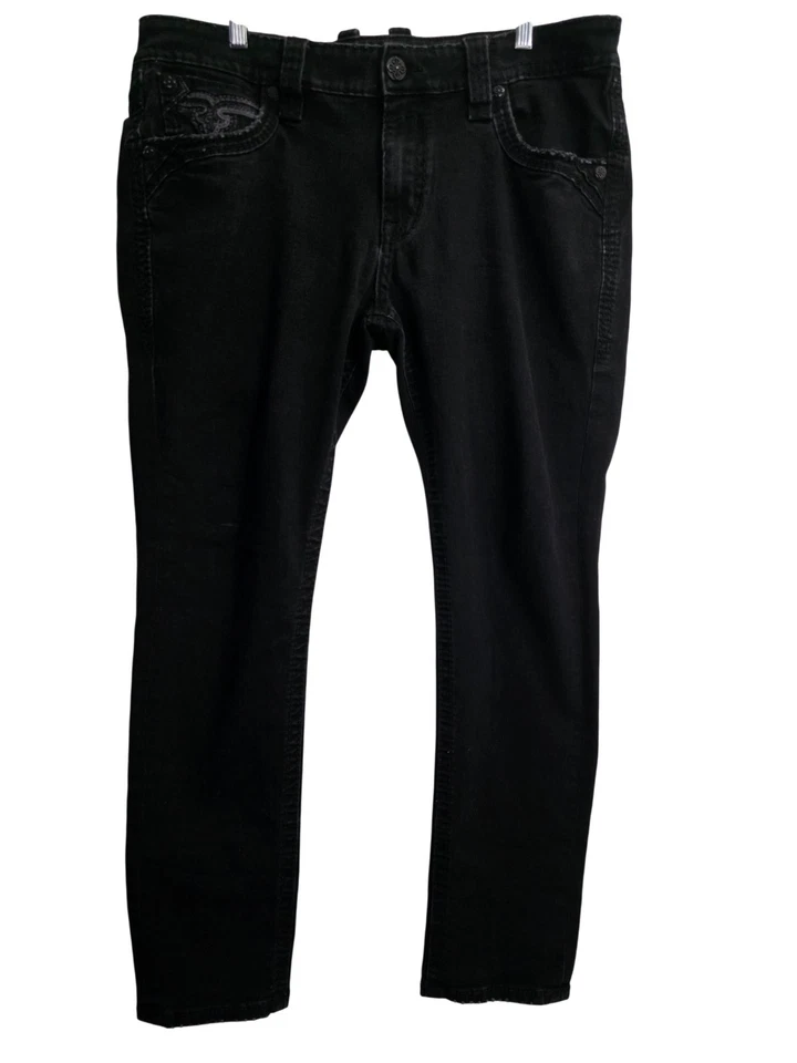Pantalones de mezclilla Rock Revival para hombre 38 negros Santiago originales cónicos bordados elásticos Foto 2 de 4