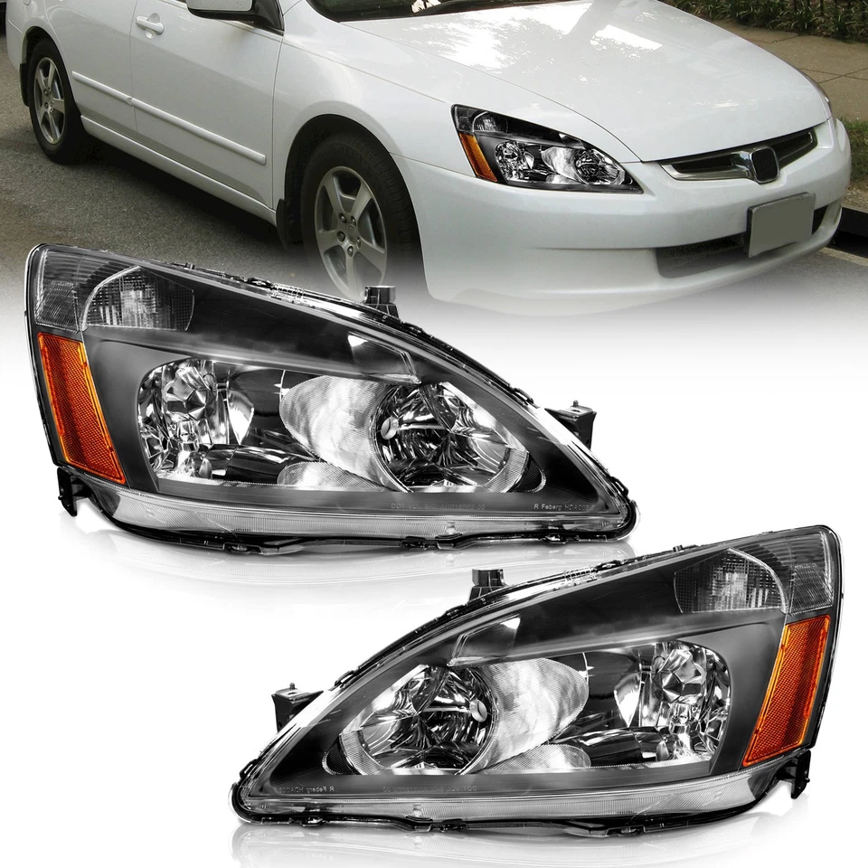 Pair Headlights For 2003-2007 Honda Accord 2/4Dr Black Headlamp, w/o Bulbs Foto 3 de 4