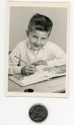 Old 1950's wallet photo / Rotten Little Bastard Writes Naughty Limericks in Book