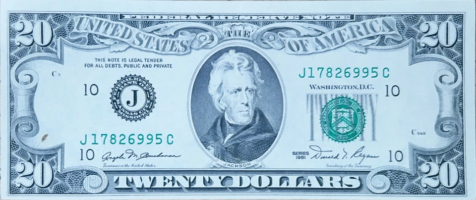 1981 $20 Federal Reserve Note - Kansas City “J” - Crisp Uncirculated - Image 2 of 4