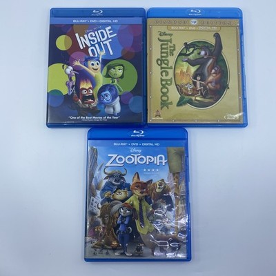 3 Children's Themed Blu-Ray DVDs - Inside Out, Jungle Book, Zootopia