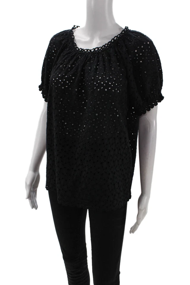 Blusa pulóver de terciopelo negra con detalle de ojales de algodón para mujer talla S Foto 2 de 4