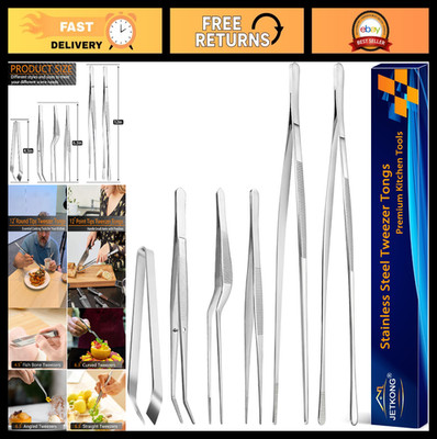 6 Pcs Stainless Steel Cooking Tweezers Set - 12'' & 6.3'' Tongs for BBQ, Seafood,