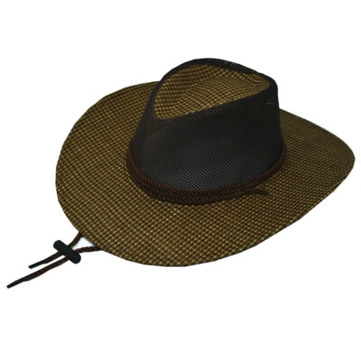Mens Summer Bucket Cap Cowboy Panama Fedora Paper Straw Hat Wide Brim Mesh Top