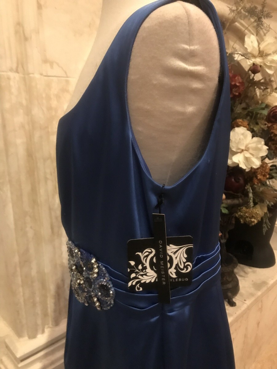 david meister blue dress New David Meister Blue Beaded One Shoulder Cocktail Dress