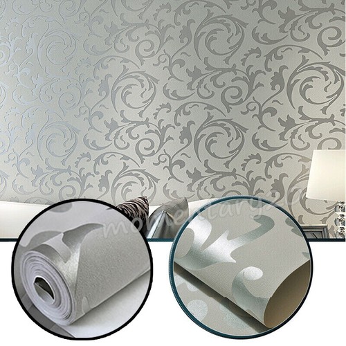 Silver Grey 3D Victorian Damask Embossed Wallpaper Home.TV Backdrop