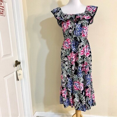 loft floral ruffle midi dress Floral Ruffle Tie Neck Smocked Midi Dress