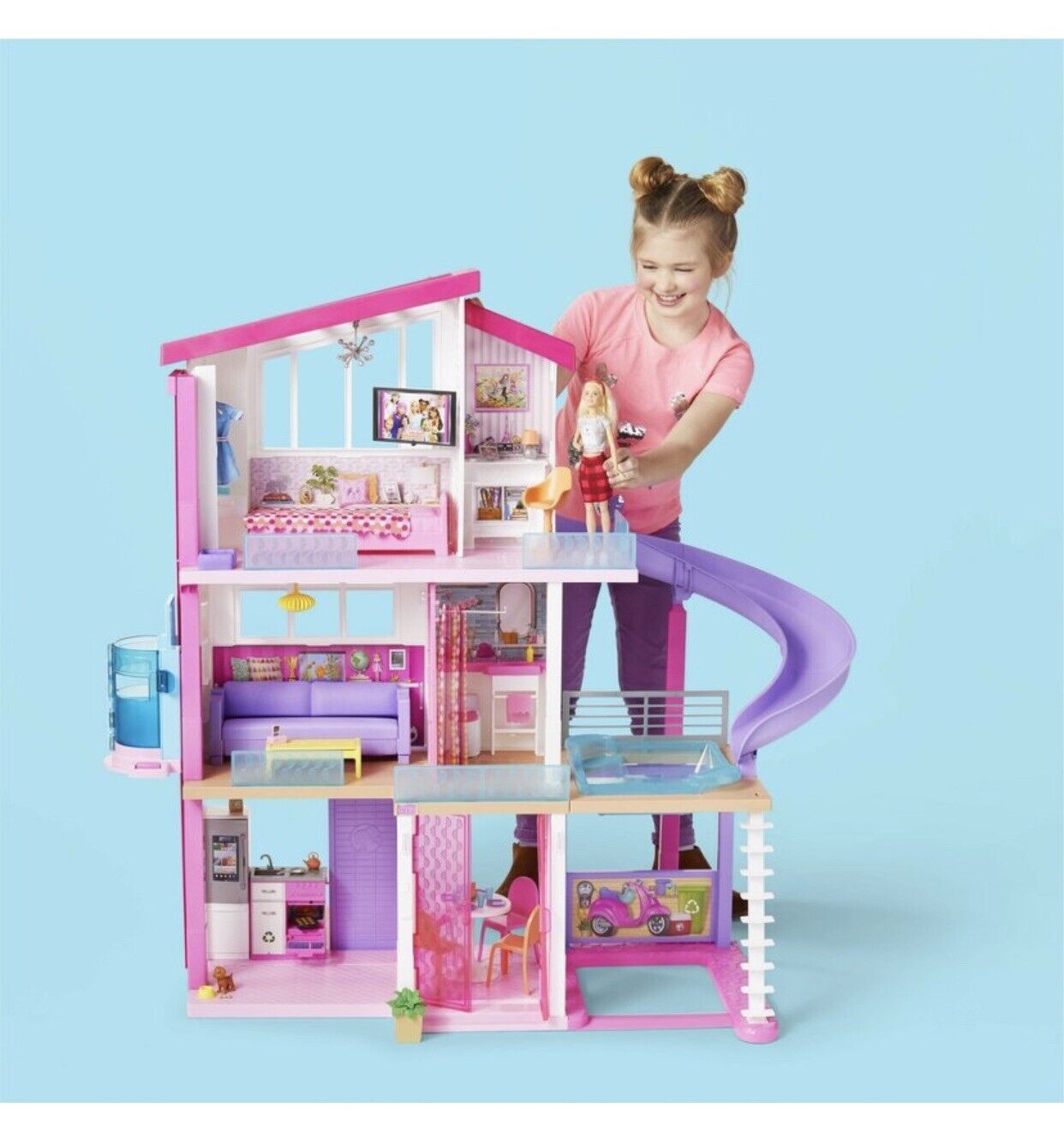 Doll House, Dream House for Girls 3 Stories 7 Rooms Dollhouses with 3 Dolls  Toy Figures, Swim Pool, Slide, Furniture and Accessories, Pretend