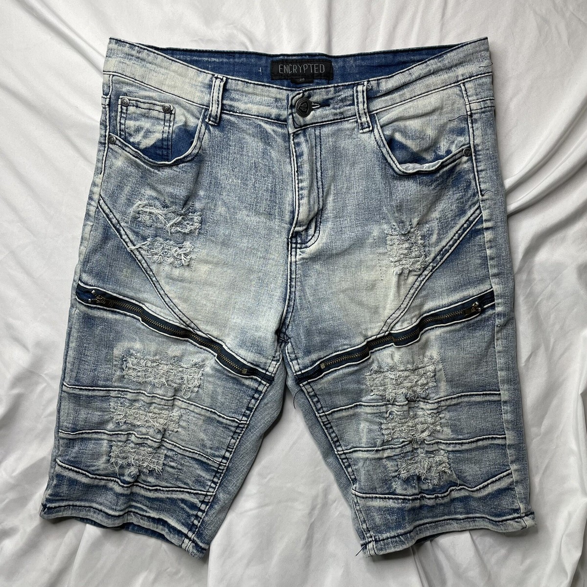 Encrypted Denim Shorts Ripped Distressed Zippers Men's Size