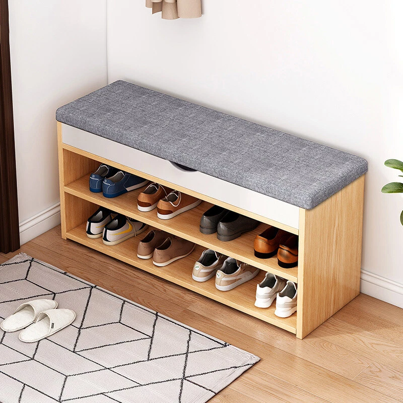 Wooden Hallway Shoe Storage Bench 2 Shelves Chest Cushion Padded Seat Organiser