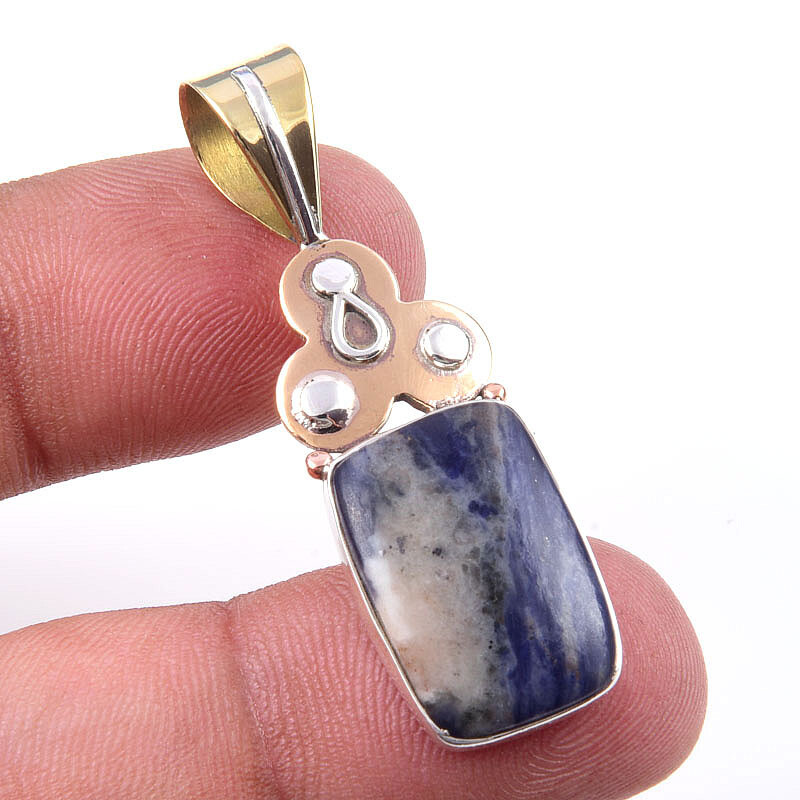 Natural Sodalite Gemstone Pendant in 925 Sterling Silver Two Tone 1.75 Inch