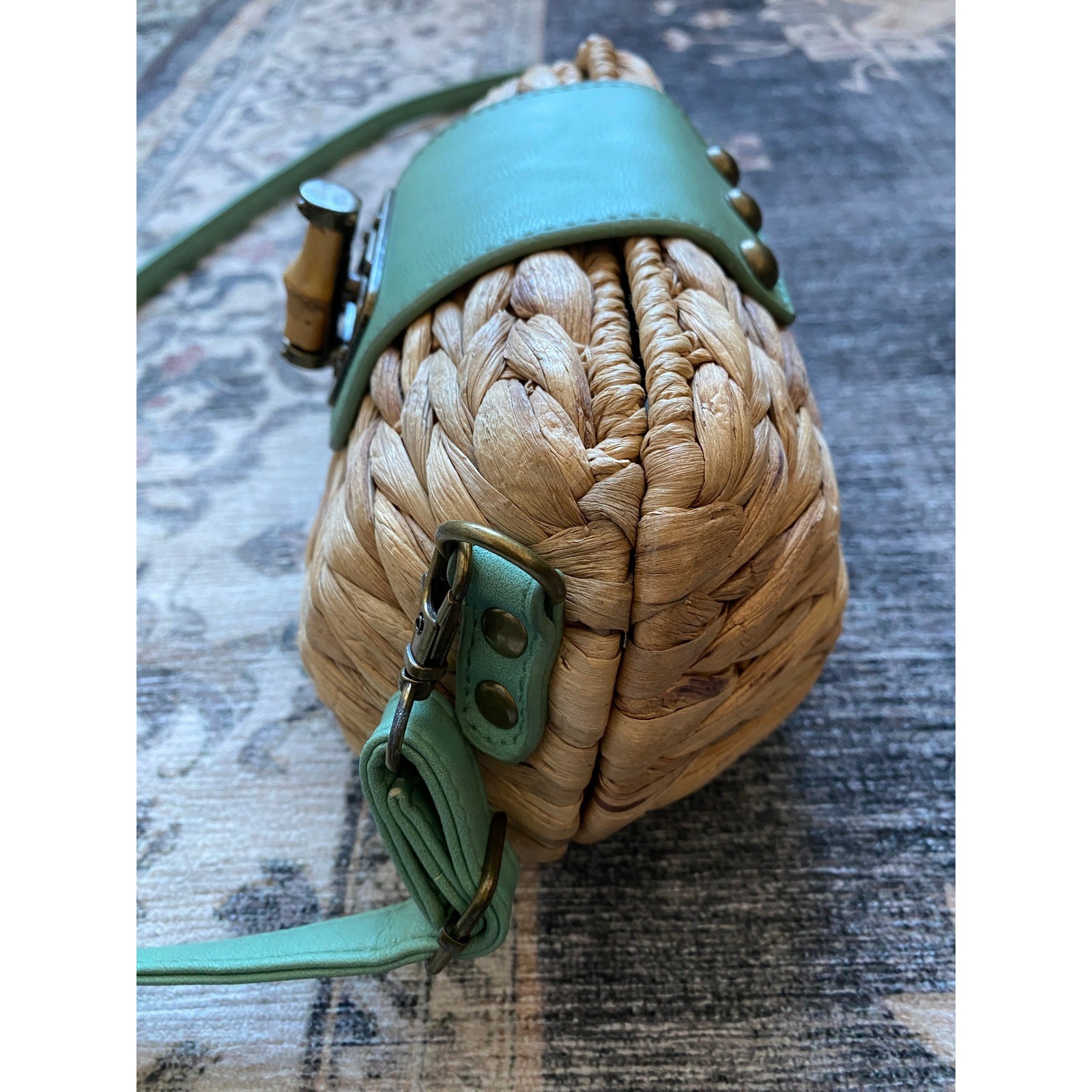 Sun N Sand Woven Straw Turquoise Trim Crossbody Bag Bamboo Lock