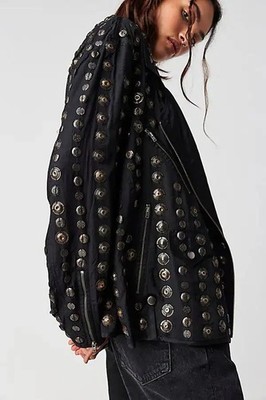   Free People Chelsea Coin Moto Jacket $498 Boho Utility Stickerei Bohemian