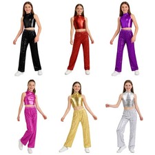 Girls Set With Pants Dancewear Sequin Outfit Gymnastics Costume Workout Shirt
