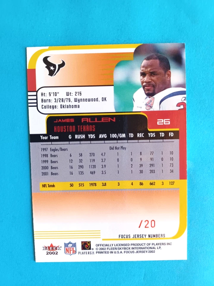 2002 FLEER FOCUS JAMES ALLEN #26 JERSEY NUMBERS PARALLEL #XX/20 HOUSTON TEXANS - Image 3 of 3