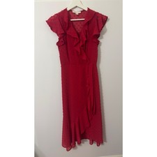 Wrap Dress S Red Ruffle Clip Dot Midi High Low Romantic Wedding Guest Coquette