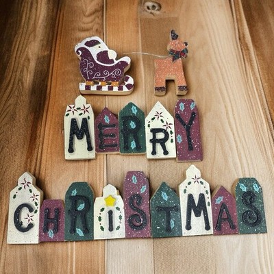 VTG Merry Christmas Wood Block Set Table Counter Window Decor Reindeer Santa Set