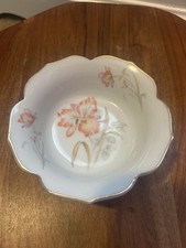 Vintage Porcelain Scalloped Serving Bowl with Pink Floral and Blue Leaf Border — listing 4