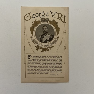 Antike königliche Proklamation Postkarte König Georg V Beitritt Rede Motto 