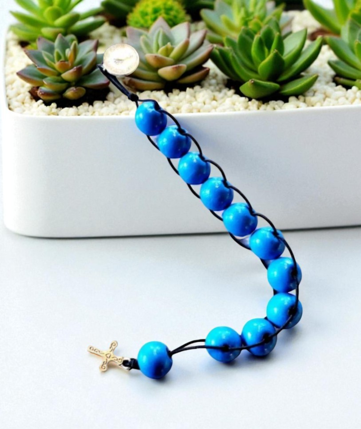 Blue Wooden Pocket Prayer Beads with Cross & Medallion for All Beliefs