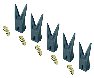5 Hensley Style Parabolic Twin Tiger Rock Teeth w Steel Pins -330 Series- X330WT