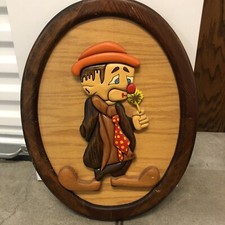 One of a Kind 3-D Wood Clown Wall Hanging Sculpture Folk art Handmade