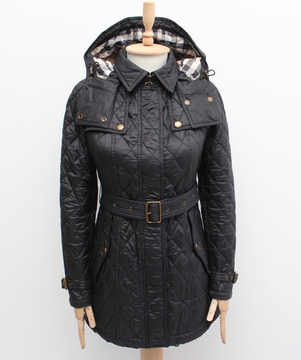 Women's BURBERRY BRIT Quilted Long Jacket Hooded Nova Check Lined