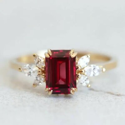 3 ctw Lab Created Emerald Cut Ruby & Diamond Cluster Ring 14K Yellow Gold Plated