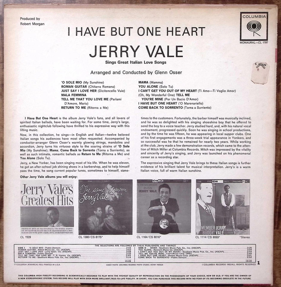 JERRY VALE I HAVE BUT ONE HEART COLUMBIA RECORDS VINYL 197-54 Foto 2 de 4