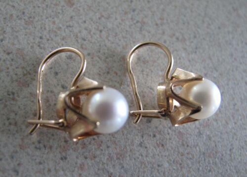 Russian Soviet Rose Gold Earring White Pearl French lock Серьги с Жемчугом 583 - Picture 1 of 7