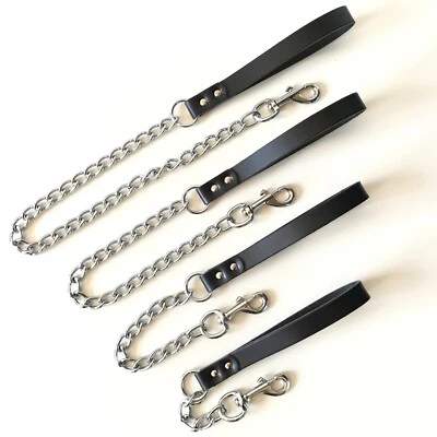 HERITAGE DOG COLLARS 4 Lengths Silver Chain Dog Lead Heavy Duty with Real Leather Handle Strong Leash