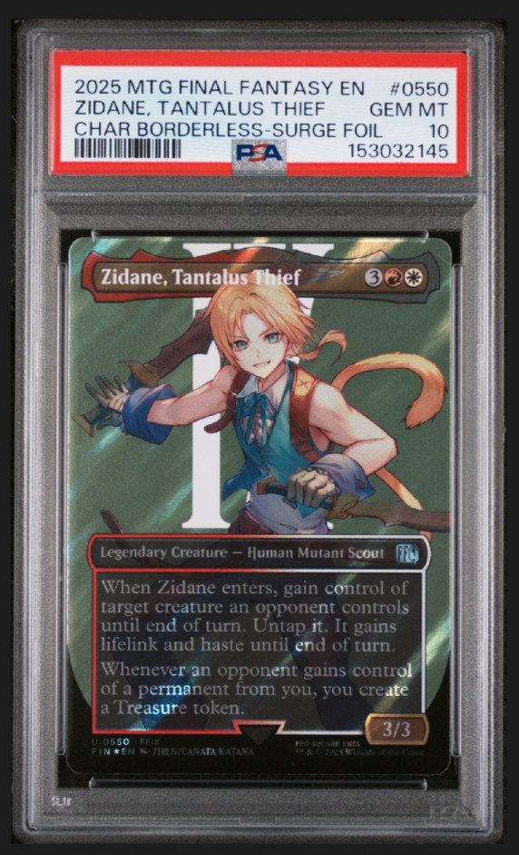 2025 MTG FINAL FANTASY ZIDANE, TANTALUS THIEF BORDERLESS SURGE FOIL PSA 10 (A)