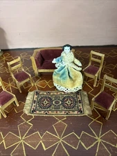 Antique Dollhouse 1/18th Scale Settee Set And 3.5” China Doll 1860’s