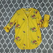 Figueroa  Flower Shirt Women Medium Yellow Embroidered Boho Cottage Button Up